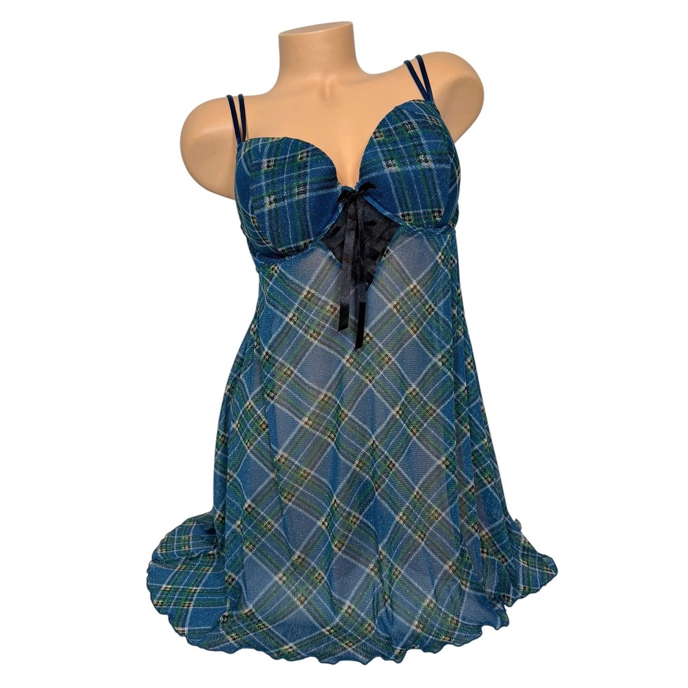 Cacique Blue Green Plaid Metallic Shimmer Babydoll Chemise Lingerie Size 18/20